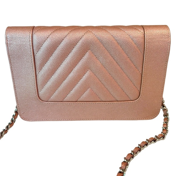 Chanel Metallic Pink Caviar Chevron Quilted Mademoiselle Wallet On Chain - Picture 4 of 15